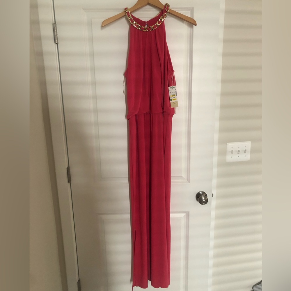 NWT! Bright Pink Maxi Dress with Gold Chain Neck